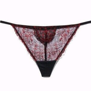 Savage x Fenty Embroidered Lace G-String Black Caviar Goji Berry Size 1X NWT